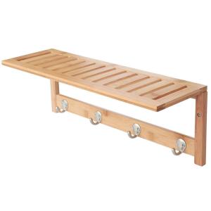 Wholesale Modern and Functional Solid Bamboo Wooden Bathroom Shelf with 4 Stainless Steel Hooks from china suppliers