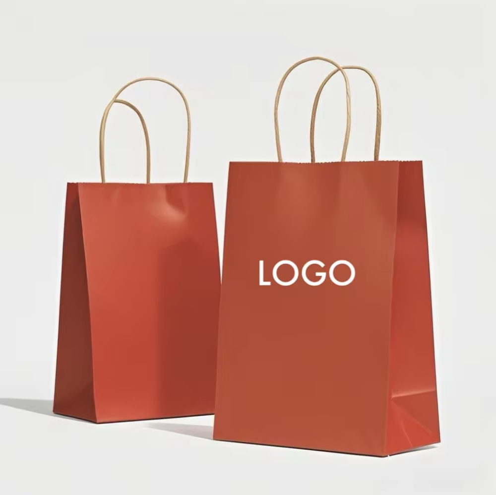 Multi colored minimalist design with twisted kraft paper handle, recyclable shopping paper bag, printed with custom logo