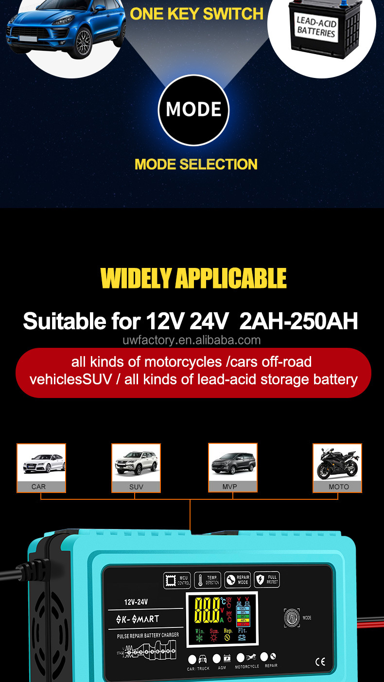 15W/10W/7.5W/5W Automatic Identification Intelligent Automatic Motorcycle 12V10A 24V5A Pulse Repair Lead Acid Battery Charger