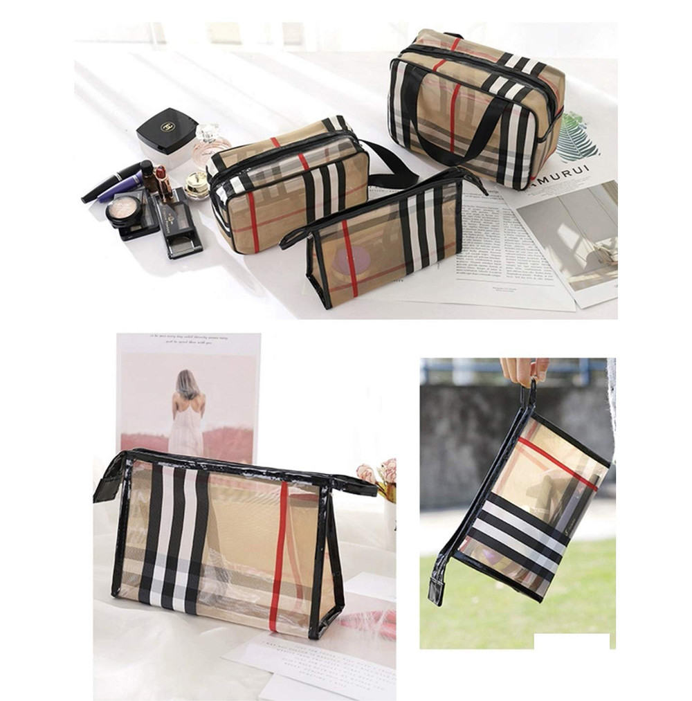 Women Khaki Stripe PVC Makeup Storage Bag For Travel