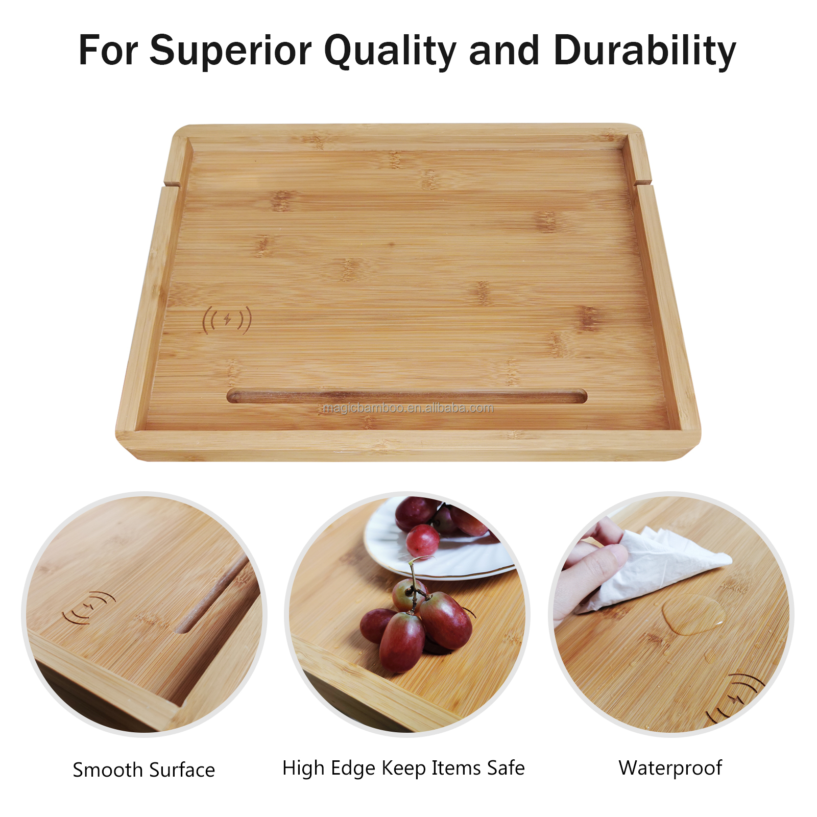 Sustainable Bamboo Bedside Shelf with Mobile Phone Tablet Holder 38x26x2.5cm Design