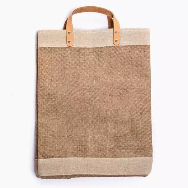 Hemp Inside Laminated Burlap Jute Bag With Leather Handle