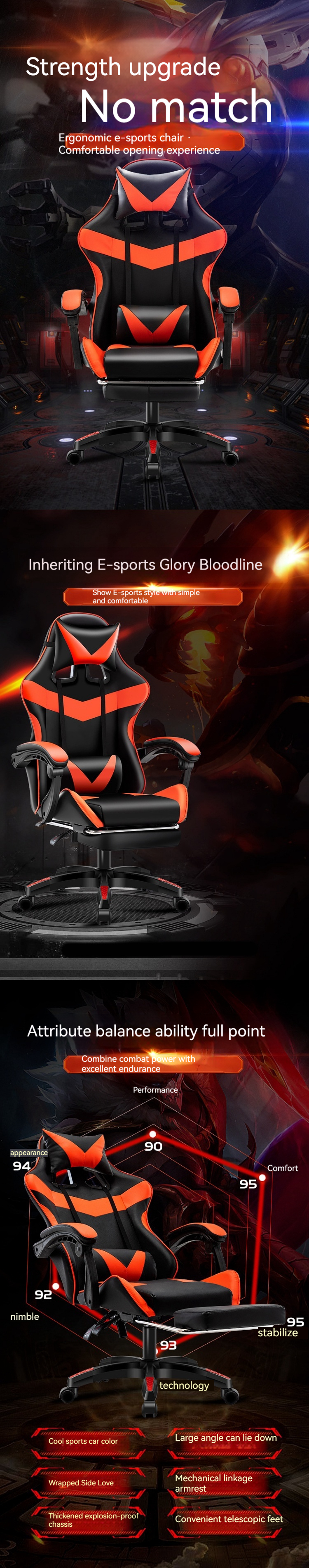 ISO9001/ISO14001 Certified Black Gaming Chair with BIFMA Passed 60mm PU Nylon Castors