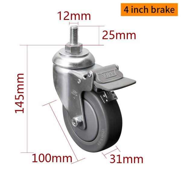 Medium Duty Zinc Coating Industrial Caster Wheels 4 Inch 110kg Threaded TPE