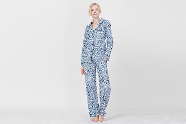 Ladies Printed Cotton Flannel Button Through Long Sleeve Top with Piping and