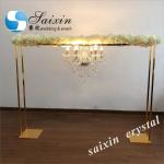1.8m large shiny gold metal flower stand with battery working crystal chandelier