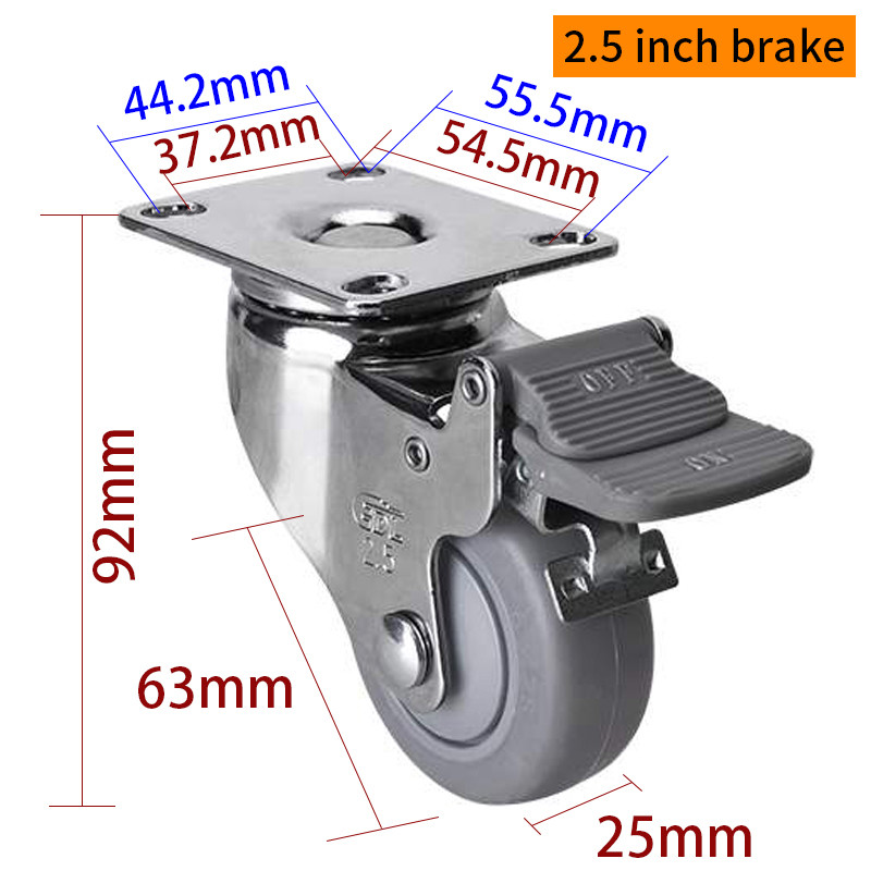 EDL Light TPE Casters Chrome Coating 2.5inch 70kg Plate by Rigid,Swivel and Brake type