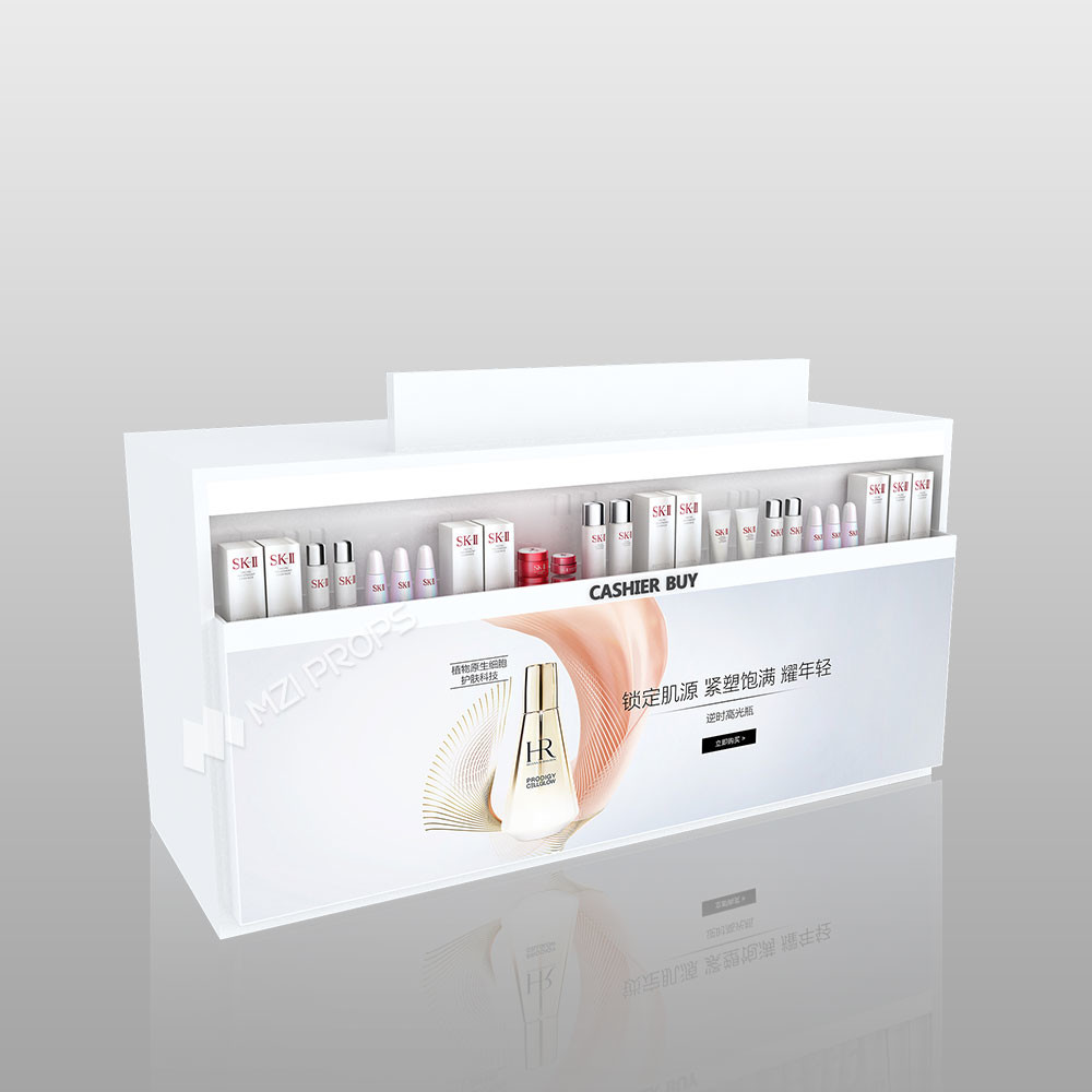 Modern Skincare Display Cabinet White Wooden Cashier Desk for Cosmetics and Perfume Store Display