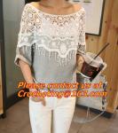 Crochet,Women Long Sleeve Mint Pink Pullover Crochet Hollow Knitwear O-neck