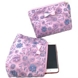 Wholesale Customized Purple Flower Pattern Large Zipper Makeup Bag Lace Cloth Embroidery from china suppliers