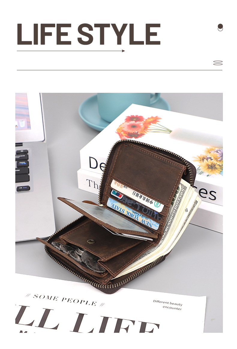 Luxury Design Bifold Leather Wallet with Coin Pocket and Nylon Lining Material