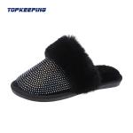 Diamond Decoration Open Heel Womens Faux Fur Slippers