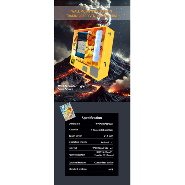 Mini Wall-mounted Pokemon TCG Vending Machine with Android 11.1 OS and Card Reader
