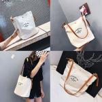 Supermarket Custom Logo Cotton Canvas Tote Shoulder Bags with Brown Leather