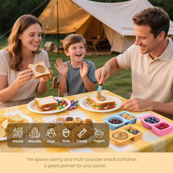 Silicone Reusable Snack Containers With Lids, 3 Pack Double/2 Compartment Snackle Box Container For Salad Sauce, Condiment Containers With Lids For