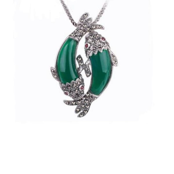 Thai 925 Silver Double Fishes Green Agate Pendant with Sterling Silver Chain