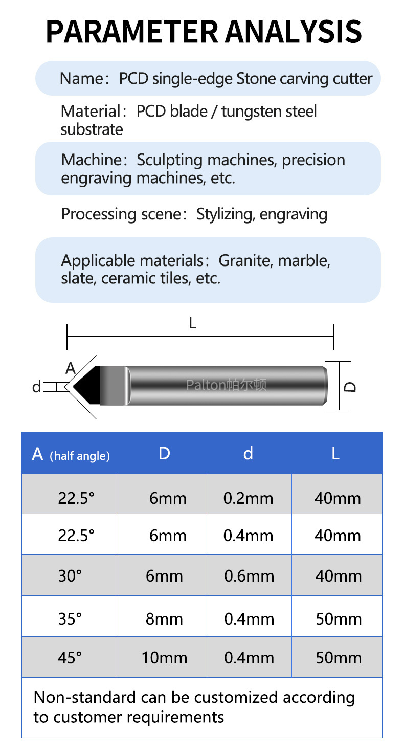 1/4" PCD Router Cutters CNC Stone Engraving Milling Bits For Granite Marble
