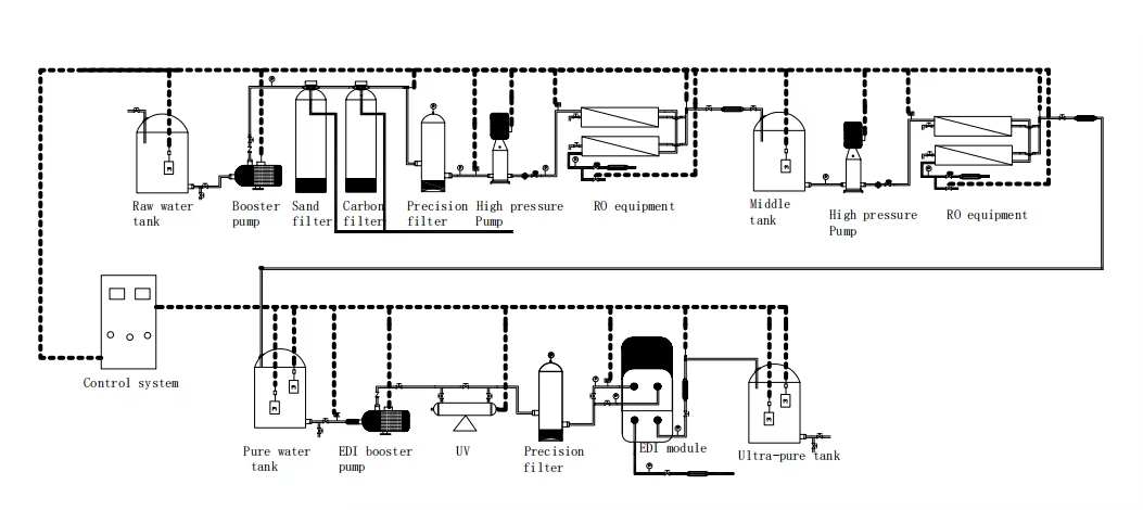 2000L/H Two Pass RO EDI Ultra Pure Water Treatment System with 18.2 MΩ*cm Resistivity and Compact Skid-Mounted Design
