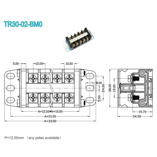Black Din Rail Panel Terminal Block M4 12.00mm 20-10 AWG Wire Range