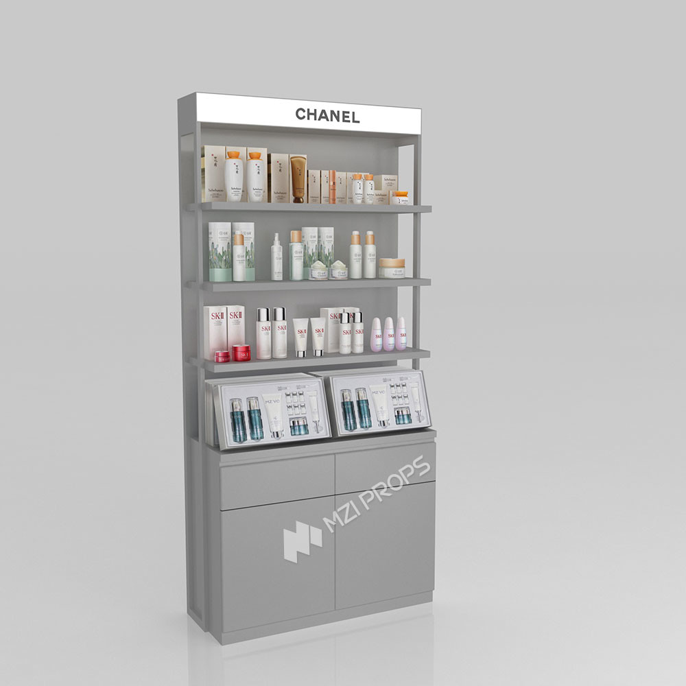 Beauty Shop Cabinet Grey Wooden Counter, Fashionable And Simple With Light Box For Space-Saving Shop Display Furniture And Customized Store Design