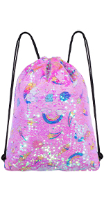 Mermaid Reversible Sequin Drawstring Backpack+clear Iridescent Sequin+multi-patterns Pink Fabric