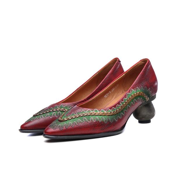 S438 2020 Retro Hand-Embroidered Soft Leather High Heels Ethnic Style Pointed