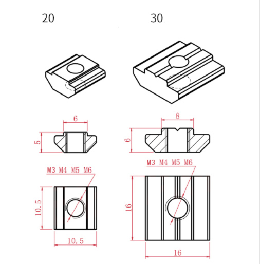 EU20 / 30 Slide Nut Galvanized T-Square Nut 3D Printer Springs