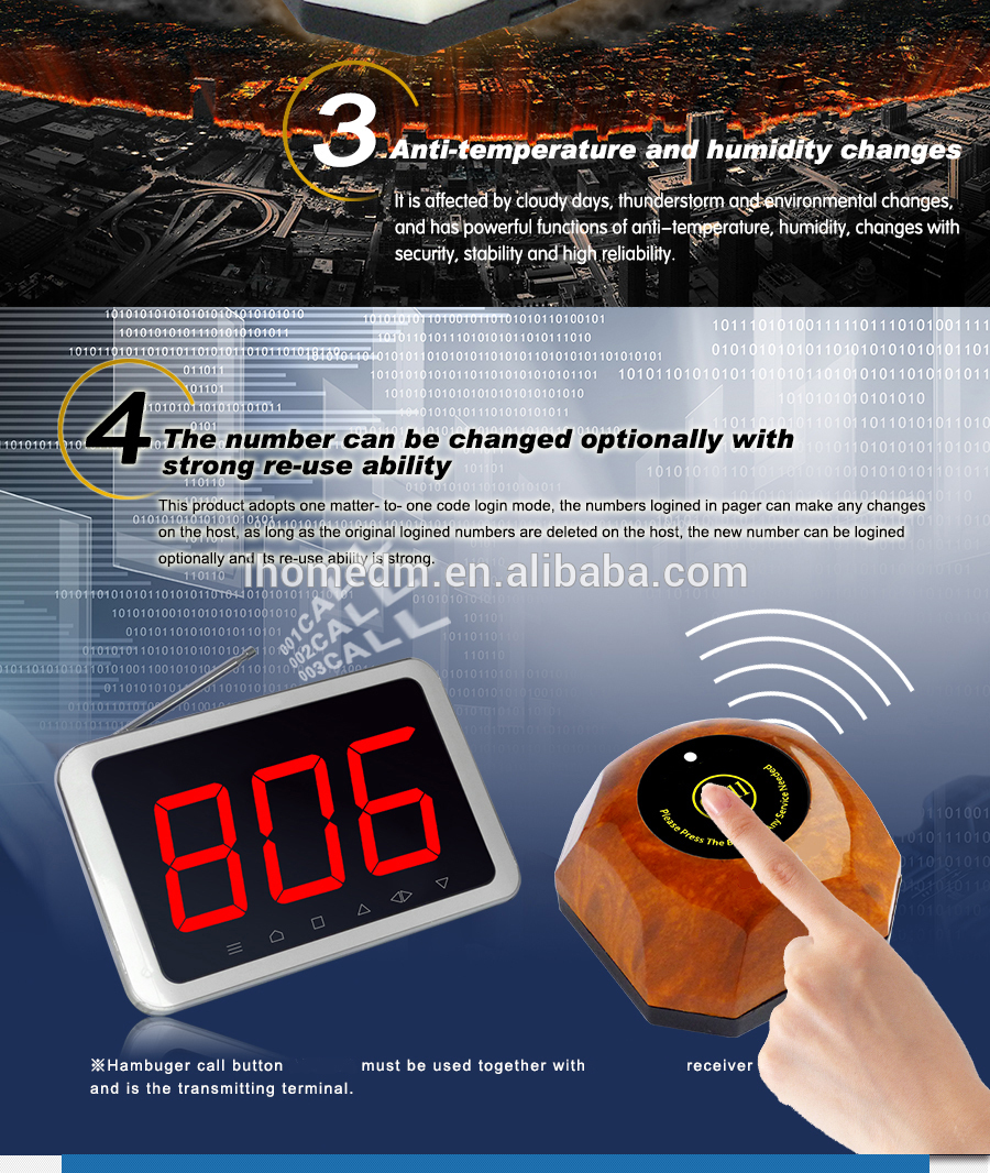 China manufacturer wireless calling equipment with 1 key service caller and touchable display receiver