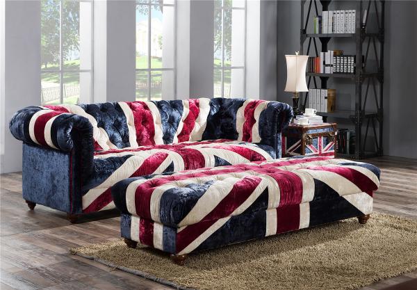 Quality Velvet Union Jack Three Seater Leather Sofa Hand Work Craft Fabric Buttons for sale