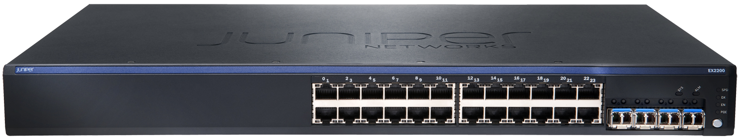 juniper EX2500-24F-FB,EX2500, 24-port 1000BaseX/10GBaseX SFP+, dual internal redundant AC PSUs, front to back airflow