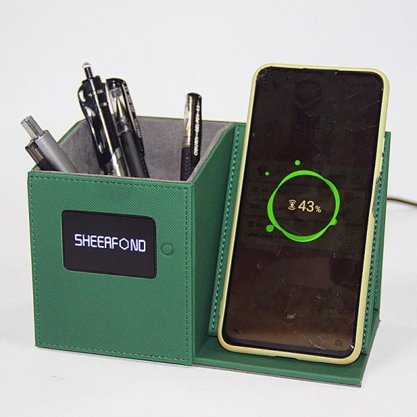 Multipurpose Leather Pencil Holder Desk Wireless Charging LED Custom Logo PU