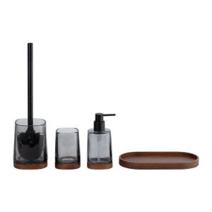 Wholesale 4pcs smoke glass bathroom accessories set round with wood part hand soap bottle from china suppliers