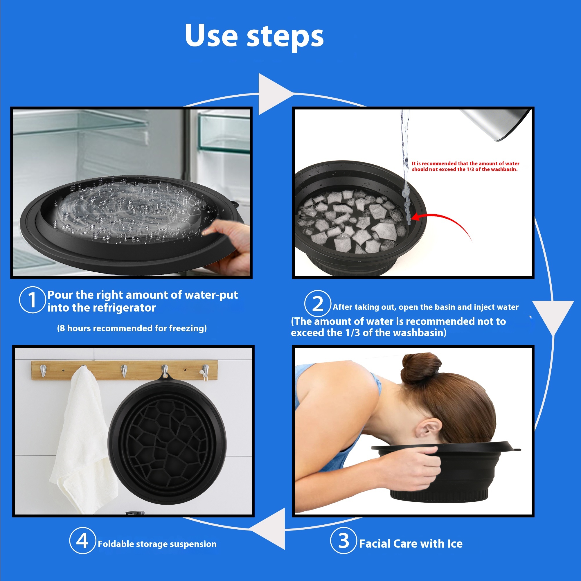 Large Silicone Bowl for Face Ice Bath with Built-In Icetray, Foldable and Hanging Design for Easy Storage and Carrying, Dipping Face Ice Bath at Home