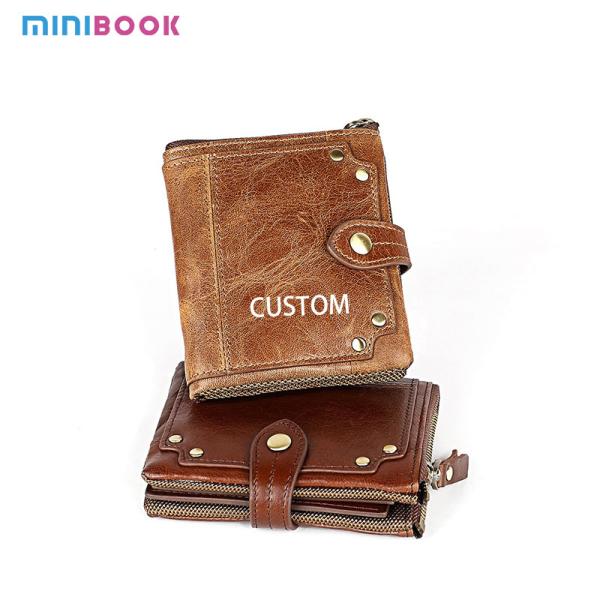 Crazy Horse Cowhide Leather Wallets Short Men's Purse with Zipper and Stylish