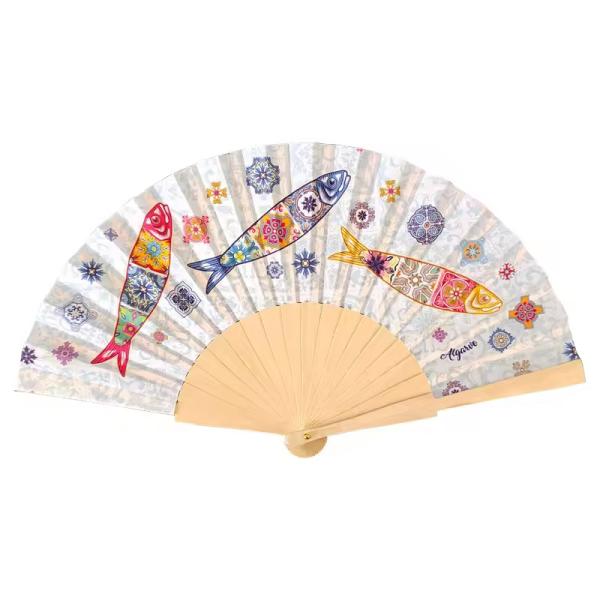 Customized Big Folding Bamboo Hand Fan Fabric Logo Black Hand Held Fan
