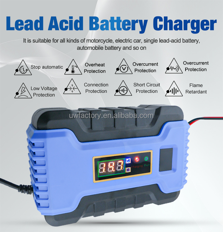 12V/24V 6A 10A Universal Lead Acid Three Phase Smart Automatic Battery Charger with Digital Display Advanced Technology