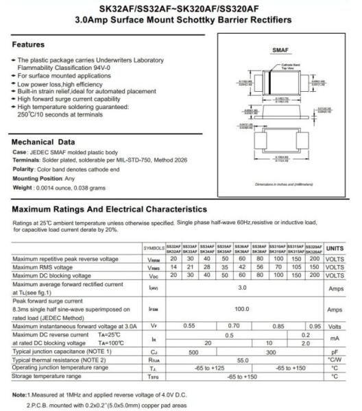 3A Ss32f Thru Ss320f Schottky Barrier Rectifier Diode Smaf Package