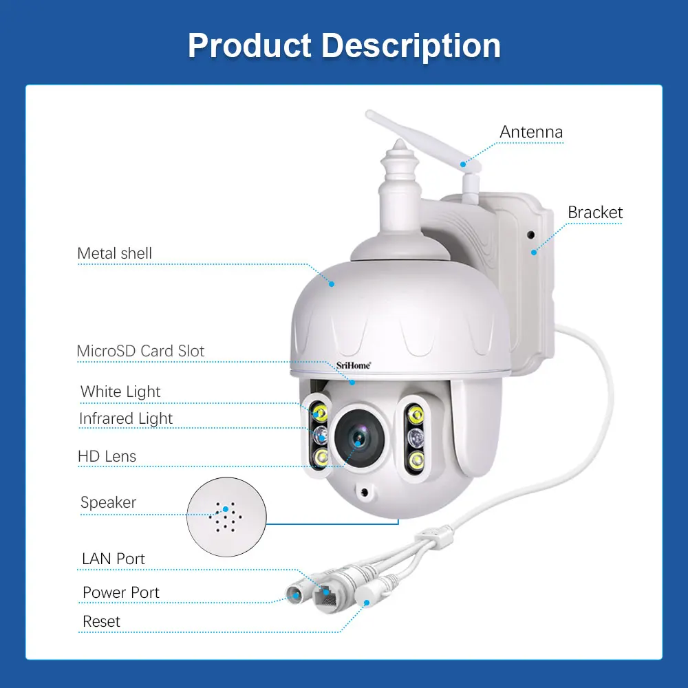 SriHome 1920P Speaker Two Way Audio Color Night Vision WIFI Wired Indoor & Outdoor Monitor CCTV Security Camera
