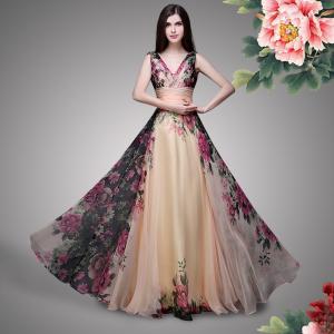 China Double Shoulder Straps Rose Print Flower Bridesmaid Dress Chiffon Bridesmaid Dress on sale