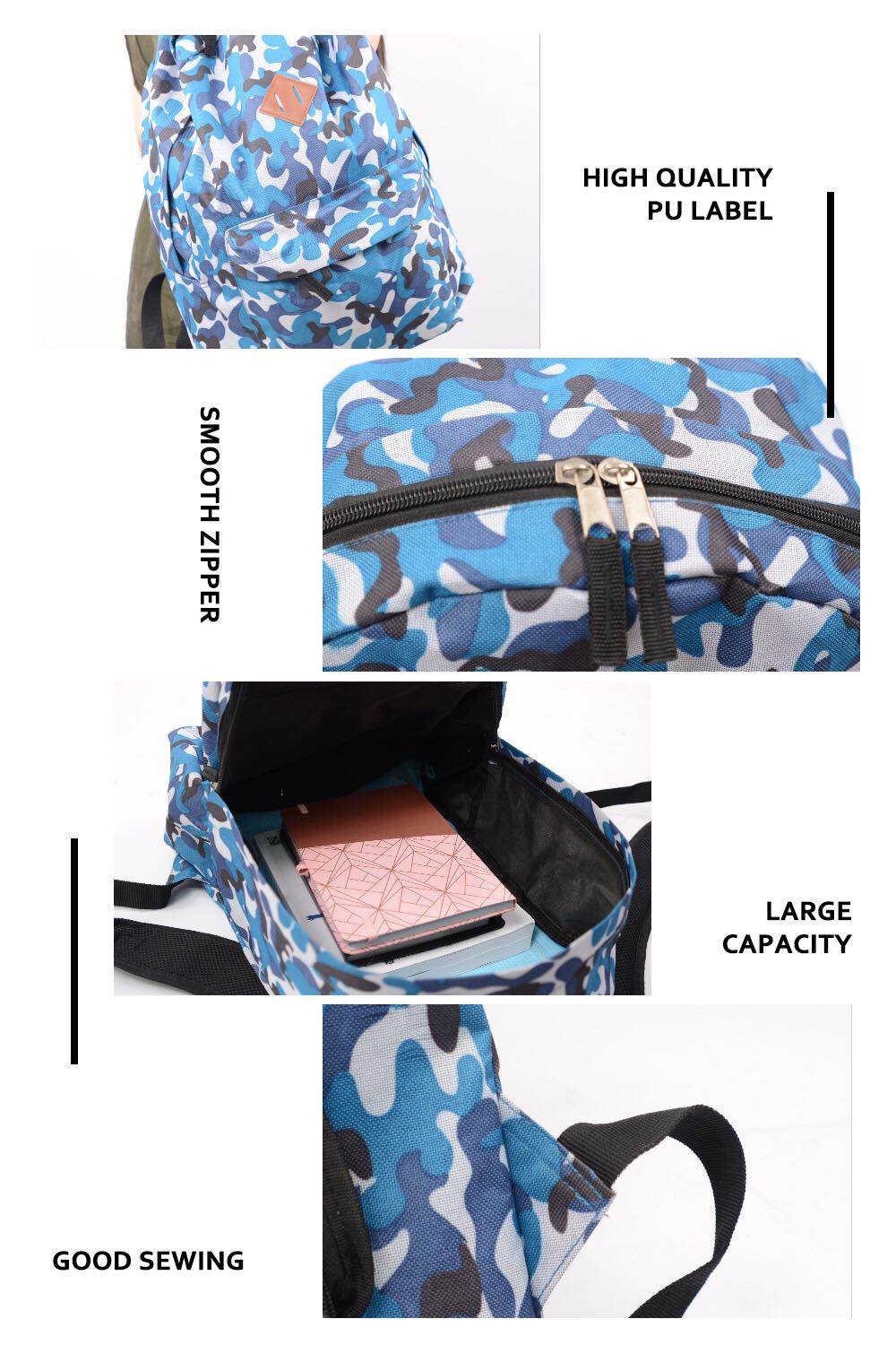 Camo Inventory School Laptop Backpack Stationery Outdoor Traveling Navy Blue
