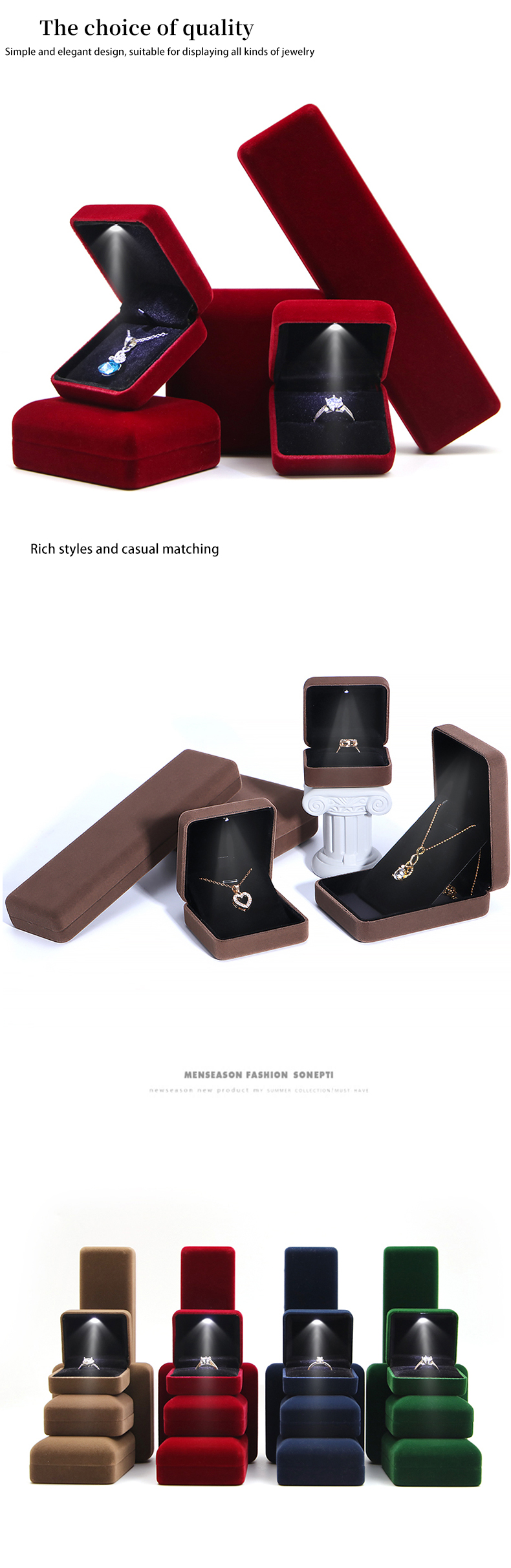 Hanhong Embossed Luxury LED Velvet Brown Jewelry Packaging Box Custom Ring Box with Light