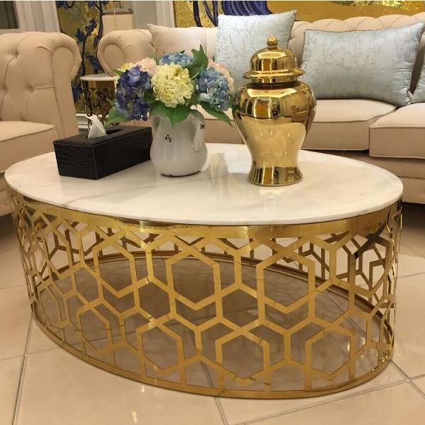 Luxury Oval Coffee Table Stainless Stain frame Artificial Marble Top for Living