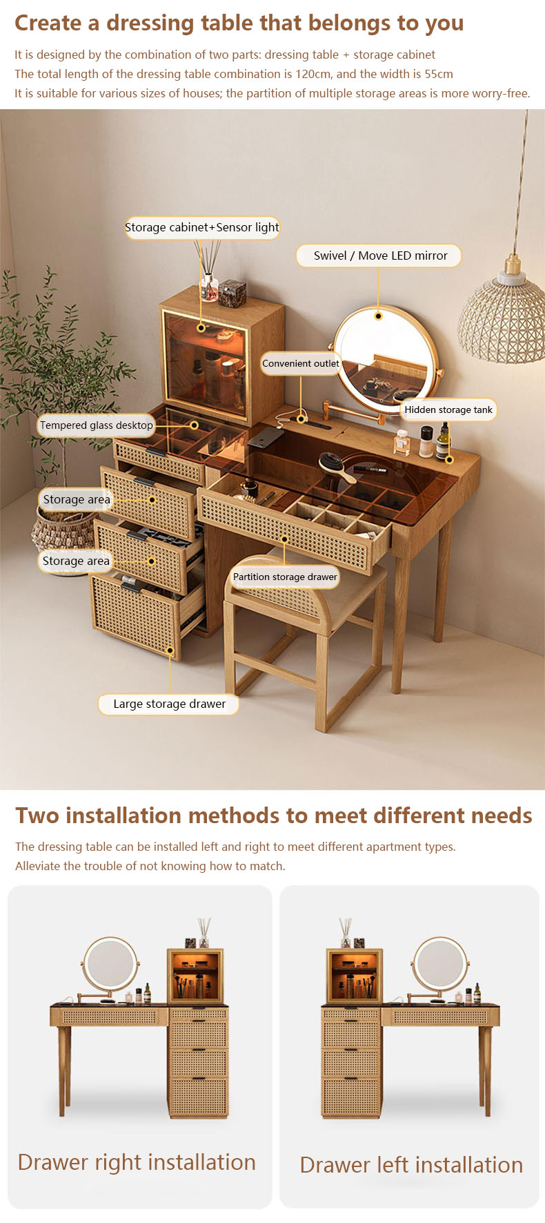 Solid Wood Corner Makeup Vanity Set Dressing Table Rotatable Mirror