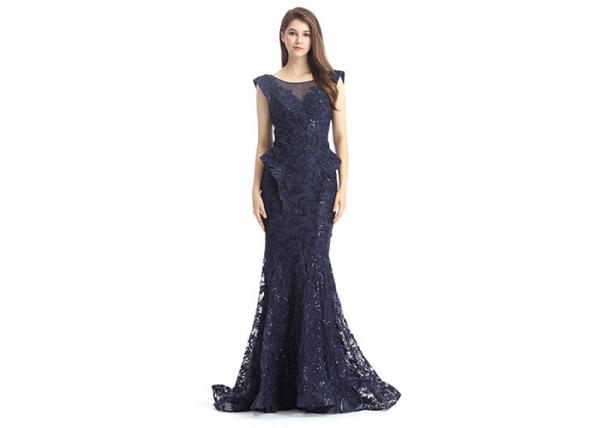 Quality Navy Blue Beaded Mermaid Middle Eastern Evening Dresses Sleeveless For Woman for sale