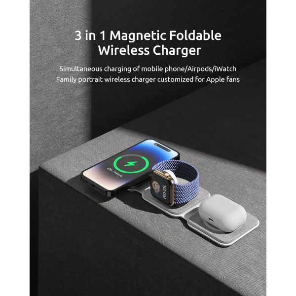 Customized Fabric Magnetic Wireless Charger 3 in 1 15W Folding