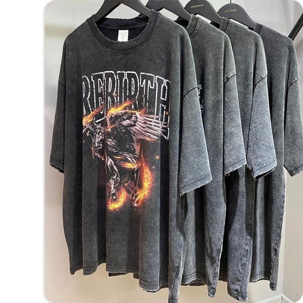 Custom T Shirt Mens Silk Screen Printing Oversized Vintage Distressed Acid Wash