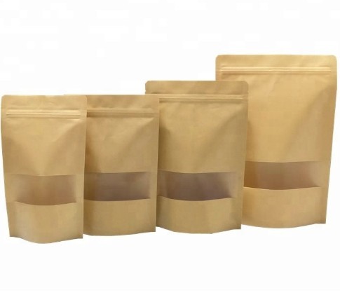 Reusable food pouch stand up zip lock kraft paper bags with window Manufacturer