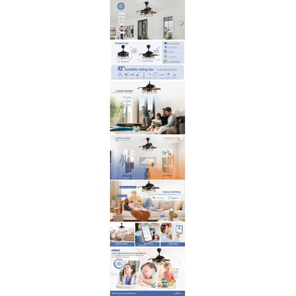 42 Inches Farmhouse E27 Modern LED Invisible Ceiling Fan Retractable Blade Ceiling Fan Lights