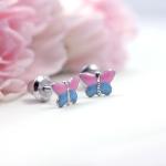 18K Yellow Gold Pink Blue Enamel Butterfly Earrings With E Coating