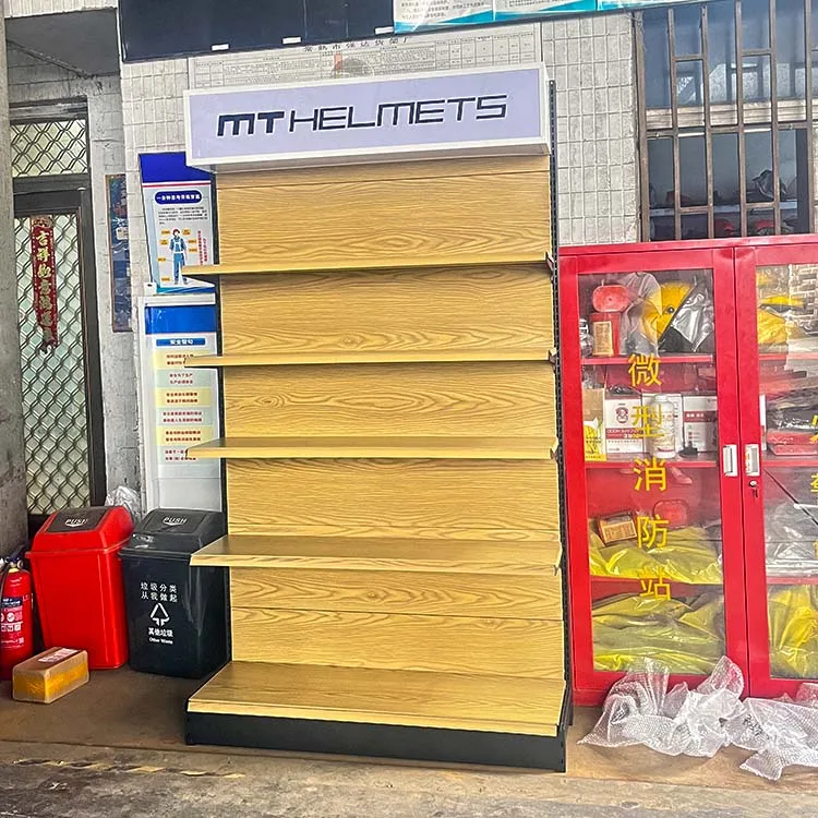 Factory Custom Size Color wood grain color supermarket display rack gondola shelving with light box